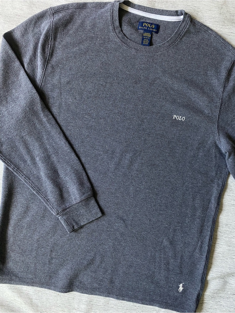 Polo Ralph Lauren Men’s Gray Waffle Knit Long Sleeve Shirt White Pony Logo